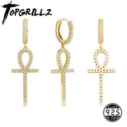 Hoop Huggie TOPGRILLZ 925 Sterling Silver Ankh Cross Earrings Iced Micro Paved AAA Bling CZ Stone Earrings For Man Women Hip Hop Jewellery 230831