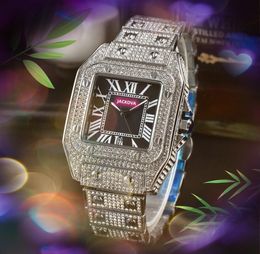 Lovers Square Roman Tank Zifferblatt Uhr Uhr Luxus Mode Kristall Diamanten Ring Fall Männer Frauen Quarz Batterie Super Bling Hip Hop Voll Iced Out Armband Armbanduhr