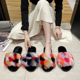 Slippers Colourful Plush Indoor Women Winter Warm Fashion Soft Fluffy Slides Casual Flat Open Toe Home Bedroom