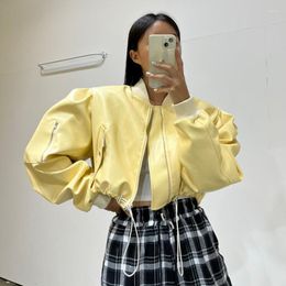 Women's Leather Clothland Women Stylish Yellow White PU Jacket Zipper Long Sleeve Short Style Fashion Coat Mujer CA829