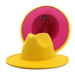 Outer Yellow Inner Pink Patchwork Jazz Felt Hat Women Men Wide Brim Panama Fedora Hats with Felt Band Trilby Cap260L