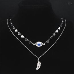 Pendant Necklaces 2PCS Islam Muslim Turkish Eyes Feather Stainless Steel Crystal Silver Color Heart Necklace Jewelry Ojo Turco N9000S07