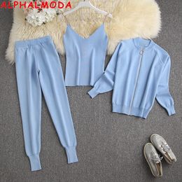 Women's Two Piece Pants ALPHALMODA Spring Colour Zipper Cardigan Chain Vest Pant 3pcs Knitted Suits Candy Colour Good Quality 3pcs Outfit 230831