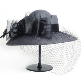 Wide Brim Hats Bucket Women Floppy Hat Wool Floral Veil Netting Feather Derby Fedoras Formal Occasion Dance Party Summer Beach 230831