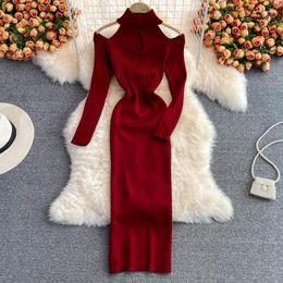 Casual Dresses Halter Neck Autumn Bodycon Knitted Sweater Long Dress Sexy Off Shoulder Winter Party Sheath Women Tunic Stretch Vestidos