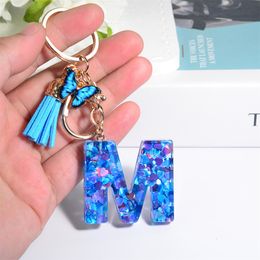 Keychains Lanyards Letter With Blue Love Crystal Women Handbag Pendant Glitter Resin Key Chains Butterfly Tassel Rings Gift 230831
