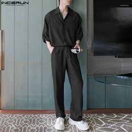 Men's Tracksuits INCERUN 2023 Korean Style Men Short Sleeved Shirt Pants Sets Male Fashion Solid All-match Casual Sports Two-piece S-5XL