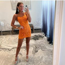 Elegant Short Orange Lace Homecoming Dresses Sheath Mini Length Spaghetti Straps Criss Cross Back Prom Party Gown for Girls