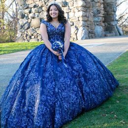 Royal Blue Shiny Beading Off The Shoulder Quinceanera Dresses Ball Gown Applique Flowers Crystal Corset Sweet Party Wear vestidos de 15