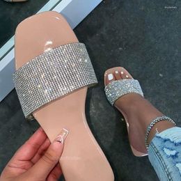 Slippers Summer Sandals Women Flip Flops Rhinestone Flat Ladies Shoes Female Round Toe Bling Luxury Sandalias Mujer 43