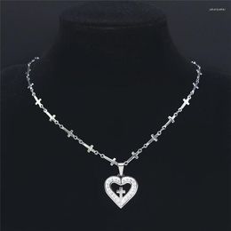 Pendant Necklaces Stainless Steel Crystal Small Heart Cross Chain Women Silver Color Necklace Jewelry Collares Plata XHLYB219