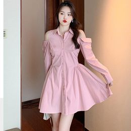 Casual Dresses Elegant Pink Shirts Dress Sexy Off Shoulder Long Sleeve For Women Ruched Slim Bodycon Mini Female Clothes