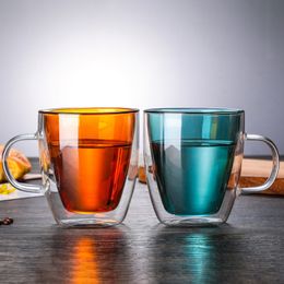 Wholesale creative Coloured water cups with handles, high borosilicate glass double-layer mugs