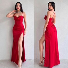 Prom Sexy Red Dresses Spaghetti Split Evening Dress Pleats Lace Up Back Formal Long Special Ocn Party Dress