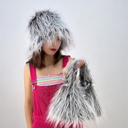 Berets Furry Fisherman Hat Y2K Girls Headdress Gothic Po Props Handmade Tote Accessories Winter Oversized