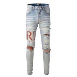 Fashion Designer jeans men Hole jean Hip Hop letter Streetwear man Long Straight leg pants Mens Pant loose Embroidery Patchwor2681