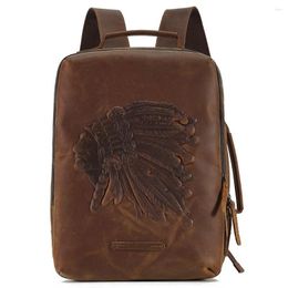 School Bags Genuine Leather Men's Backpack For 14" Laptop Rucksack Crazy Horse Men Schoolbag Retro Embossing Travel