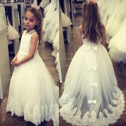 Girl Dresses Jewel A Line Princess Flower Girls Sleeveless Floor-Length Applique Lace Bow Tulle Pageant Birthday Christmas