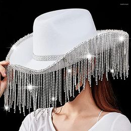 Berets Women Fashion Rhinestone Sequins Fringe Cowgirl Hat Western Cowboy Cap Adjustable Drawstring Wide Brim Party Jazz Top