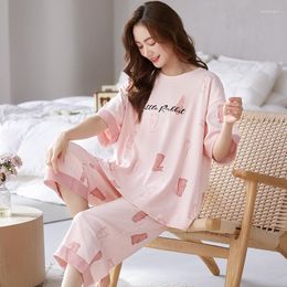 Women's Sleepwear Pyjamas Set Cute Cartoon Flower Print Pyjama Short Sleeve Two-pieces Loose Casual Home Suit Loungewear Pjs