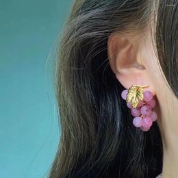 Stud Earrings 2023 Brand Cute Gold Leaf Luxury Jewellery For Women Fashion Designer Eardrop Pearl Lady Party Purple Grape Ear