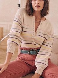 Women's Sweaters Spring Half Open Button Striped Pullover Elegant French Retro Ladies ONeck Long Lantern Sleeve 230831