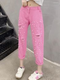 Women's Jeans Extra Pants 2023 Summer Baggy Harem Trousers Women Fat Sister All-Match Ripped Beaded Casual Female