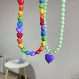 Pendant Necklaces Korea Hit Color Heart Necklace For Women Girls Pearl Pink White Green Handmade Beaded Party Wedding Jewelry