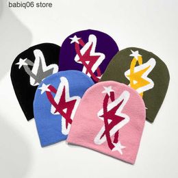 Beanie/Skull Caps Y2K Beaniecap For MenHats Knitted Wool Pullover Hat Letter Star Jacquard Hat Clothing Unisex Accessory Halloween Emo Warmkpop T230731