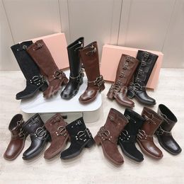 Stivali da donna Stivali da cowboy in pelle firmati Stivaletti da cavaliere alla caviglia Stivaletti al ginocchio con fibbia western marroni Scarpe con punta tonda in pelle scamosciata invernale