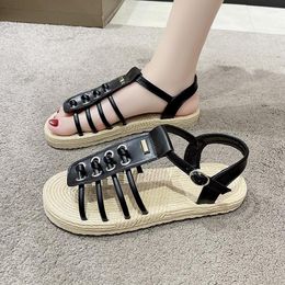 for Sandals Flat Women 2023 Summer Fashion Cross Buckle Roman Shoes Casual Solid Beach Sandales Femmes Ladies 319