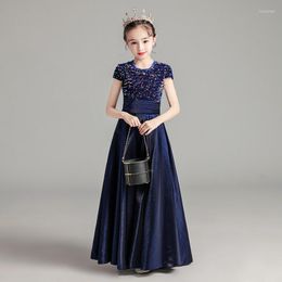 Girl Dresses Navy Blue Elegant O-Neck Floor-Length Short Sleeves Simple Satin Kids Party Communion For Weddings A2193