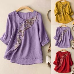 Women's Blouses Autumn Blouse Traditional Chinese Clothing Women Clothes Short Sleeve Top Loose Hanfu Tang Suit Round Neck Literary T-Shirt