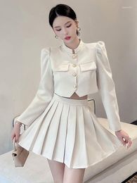 Work Dresses 2023 Spring Temperament Two Piece Set Chic Fashion Women Single-Breasted Long Sleeve Coat High Waist Pleated Mini Skirt Suits