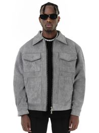 Jaquetas masculinas vintage high street camurça material crock jaqueta com zíper lapela casual curto para homens 230831