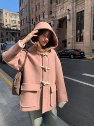 Women's Jackets 2023 Autumn Winter Korean Casual Fashion Red Horn Button Tweed Warm Coat Middle Long Hooded Student's Woollen