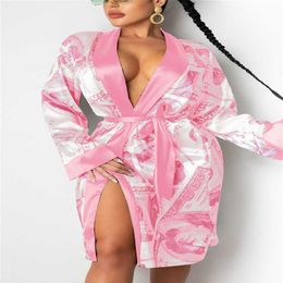 Womens Clothes Sleepwear Casual Pajamas Fashion Lingeries Robes Satin US Dollar Print Lace Up Medium Length Nightgowns230a