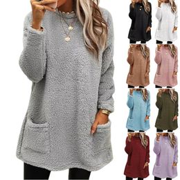 Women's Hoodies Long Sleeved Casual Pocket Sweatshirts 2023 Autumn/Winter Solid Round Neck Plush Warm Tees Women Street Trend Top S-3XL