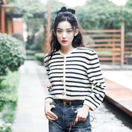 Womens Sweaters Red White Black Women Striped Sweater Cardigan Cotton ONeck Long Sleeve Button Spring Autumn Casual Lady Knitwear Clothing Coat 230831