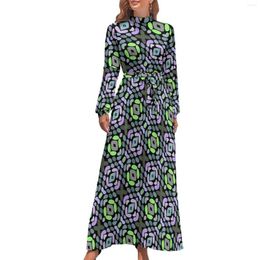 Casual Dresses Tribal Print Art Dress Long-Sleeve Blue Pink Elegant Maxi High Waist Design Beach Long Gift