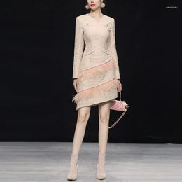 Casual Dresses Wool Patchwork Vintage Feather For Women 2023 Autumn Winter Elegant V-neck Irregylar Woollen Dress Pink Vestidos