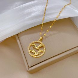 Pendant Necklaces LUCKY99 Trendy Cubic Zirconia Round Twin Birds Necklace For Women Stainless Steel Animals Mandarin Duck Love