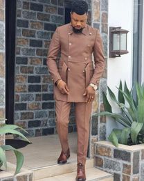 Men's Suits Brown Double Breasted Men Suit Set Blazers For Luxury Man Wedding 2 Pieces Coat Pants Latest Design (Jacket Trousers)