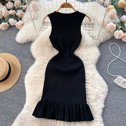 Casual Dresses Female Spring Black Wrapped Hip Sleeveless Slim Fit Bottom Sweater Knitted Fishtail Dress Vestidos De Mujer Women Maxi