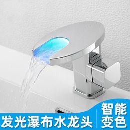 Bathroom Sink Faucets Waterfall Faucet Black Copper And Cold Wash Basin Intelligent Induction Colour Changing Temperature