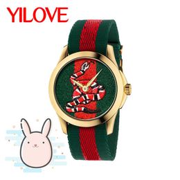 Red And Green Two-Color Stitching Round 18k Gold Watch Unisex Trendy Fashion People Canvas Clock Personality Snake Pattern Embroid2631