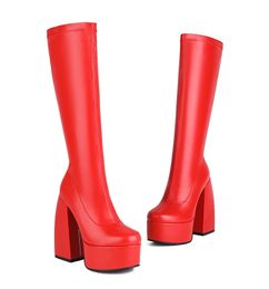Black Thick Heels Elastic Knee High Boots For Women Punk Style Autumn Winter Chunky Platform High Boots Party Shoes Ladies 35-43