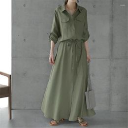 Casual Dresses Maxi Shirt Women 2023 Autumn Green Long Sleeve Polo Neck Loose Vintage A-line Lace Up Solid Single Breasted Dress