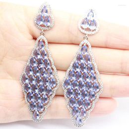 Stud Earrings 73x25mm Eye Catching Long Big Heavy 15.9g Pink Kunzite Rich Blue Violet Tanzanite White CZ Females Gift Silver