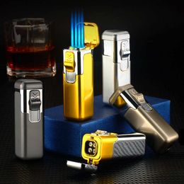 Metal Windproof Portable Blue Flame Turbo Butane No Gas Lighter Quad Jet Torch Cigar Smoking Accessories Gadgets For Men QEFG